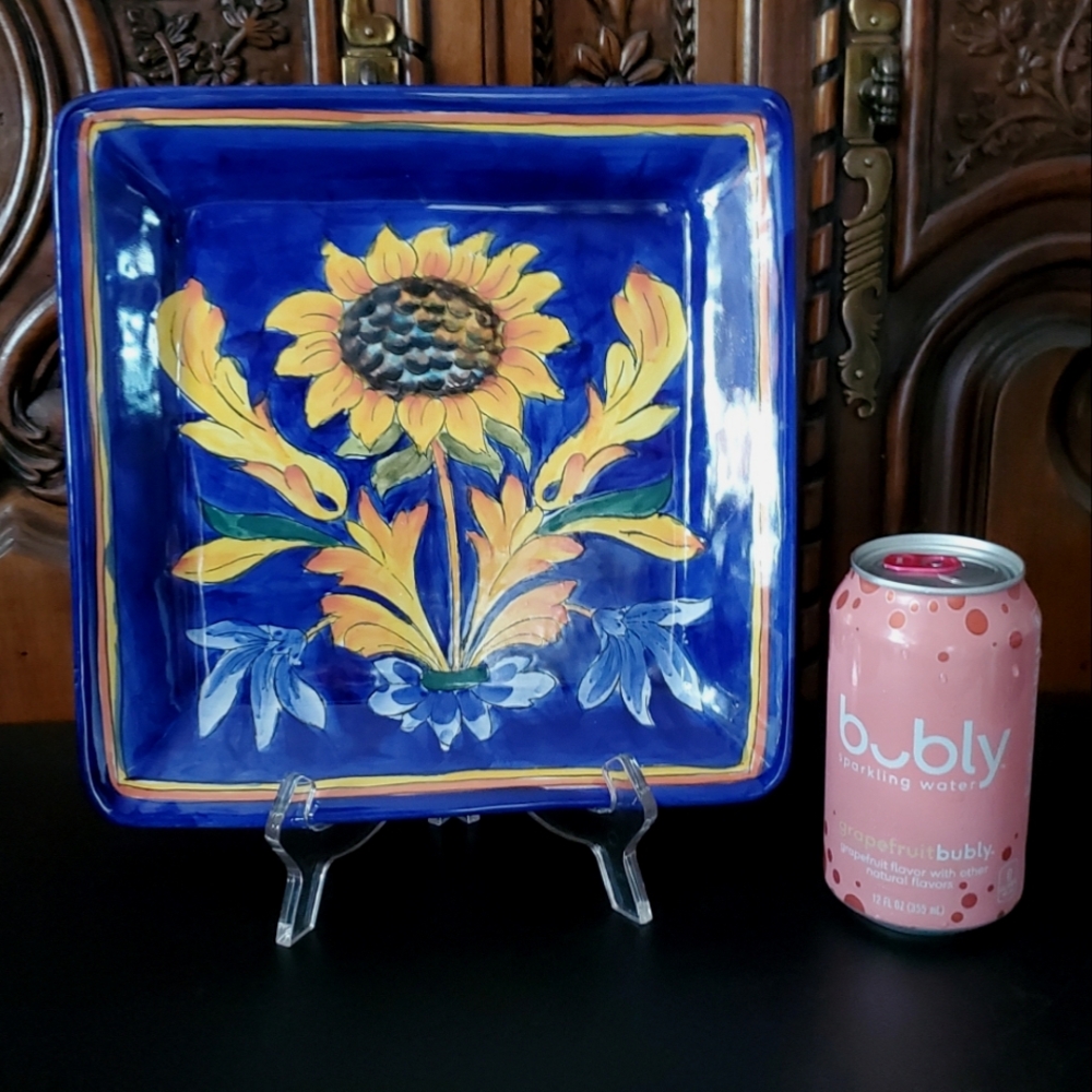 9 1/2" "Tuscan Lemon" Square Cobalt Blue & Yellow Ceramic Dish EUC - Picture 3 of 9